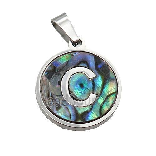 Raw Stainless Steel Pendant Pave Abalone Shell Letter-C