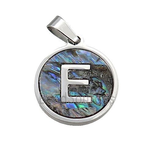 Raw Stainless Steel Pendant Pave Abalone Shell Letter-E