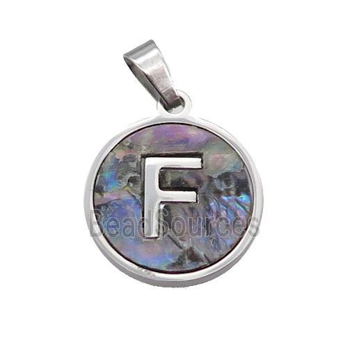 Raw Stainless Steel Pendant Pave Abalone Shell Letter-F