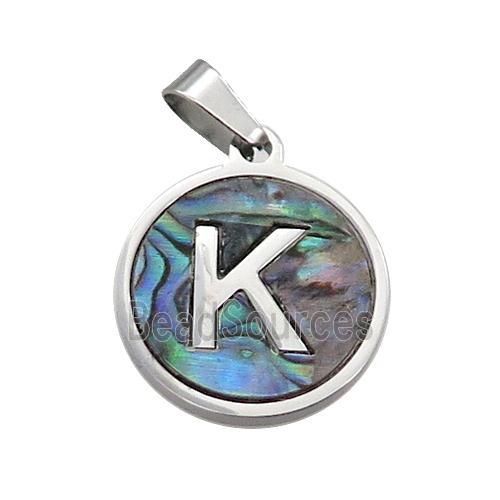 Raw Stainless Steel Pendant Pave Abalone Shell Letter-K