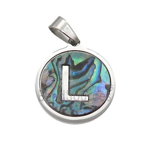 Raw Stainless Steel Pendant Pave Abalone Shell Letter-L