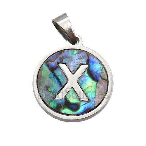 Raw Stainless Steel Pendant Pave Abalone Shell Letter-X