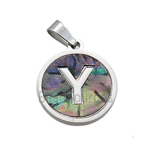 Raw Stainless Steel Pendant Pave Abalone Shell Letter-Y