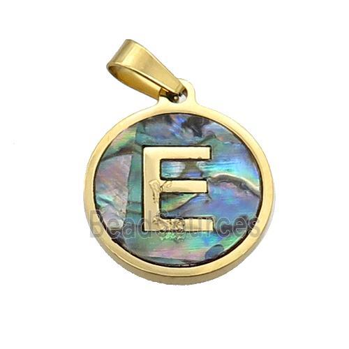 Stainless Steel Pendant Pave Abalone Shell Letter-E Gold Plated