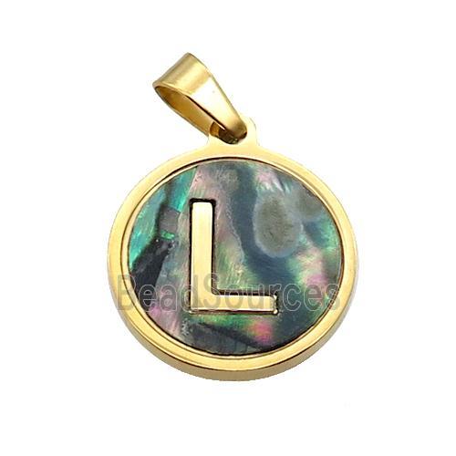 Stainless Steel Pendant Pave Abalone Shell Letter-L Gold Plated