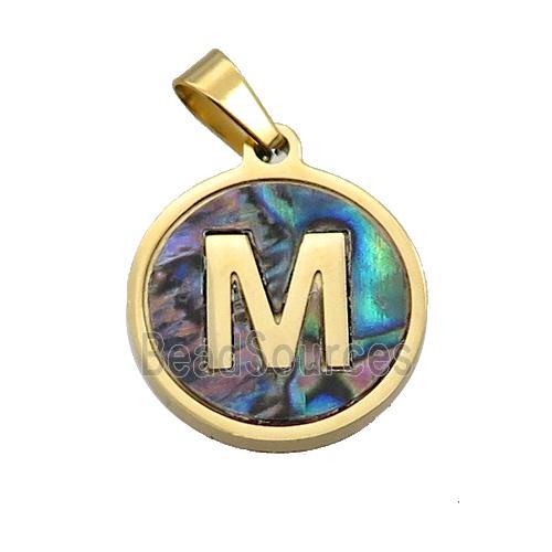 Stainless Steel Pendant Pave Abalone Shell Letter-M Gold Plated