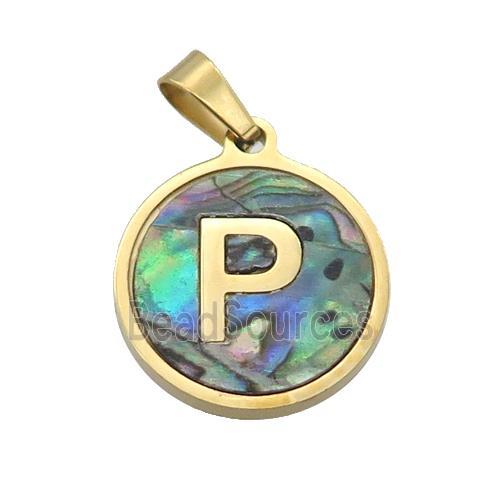 Stainless Steel Pendant Pave Abalone Shell Letter-P Gold Plated