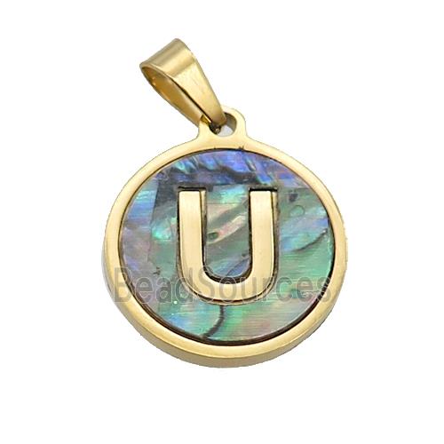 Stainless Steel Pendant Pave Abalone Shell Letter-U Gold Plated