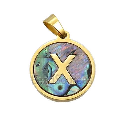 Stainless Steel Pendant Pave Abalone Shell Letter-X Gold Plated