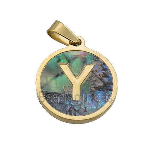 Stainless Steel Pendant Pave Abalone Shell Letter-Y Gold Plated