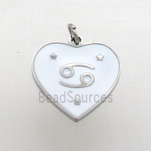 Raw Stainless Steel Heart Pendant White Enamel Zodiac Cancer