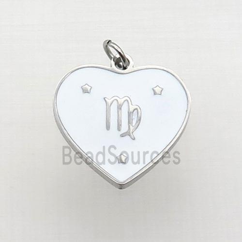 Raw Stainless Steel Heart Pendant White Enamel Zodiac Virgo