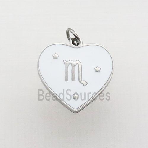 Raw Stainless Steel Heart Pendant White Enamel Zodiac Scorpio