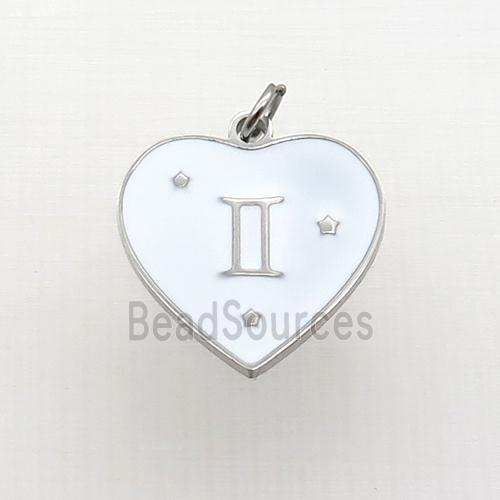 Raw Stainless Steel Heart Pendant White Enamel Zodiac Gemini