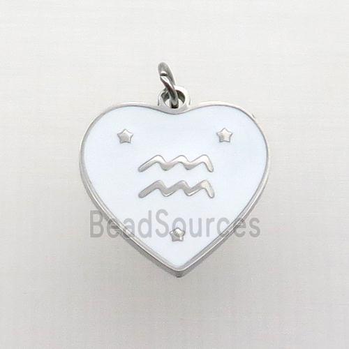 Raw Stainless Steel Heart Pendant White Enamel Zodiac Aquarius