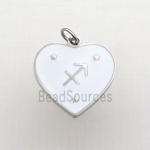 Raw Stainless Steel Heart Pendant White Enamel Zodiac Sagittarius