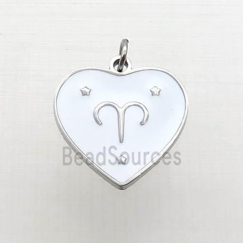 Raw Stainless Steel Heart Pendant White Enamel Zodiac Aries