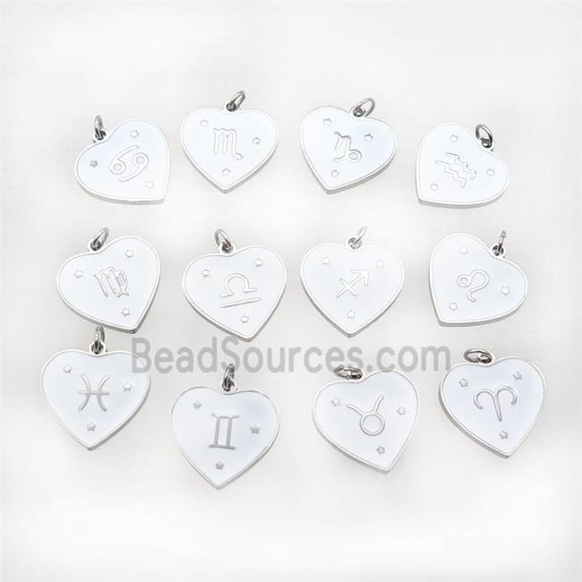 Raw Stainless Steel Heart Pendant White Enamel Zodiac Mixed