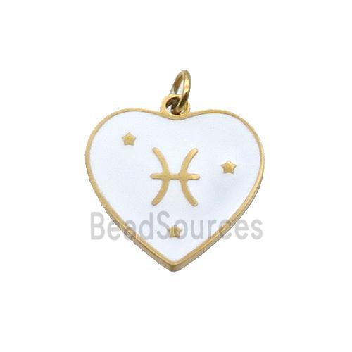 Stainless Steel Heart Pendant White Enamel Zodiac Pisces Gold Plated