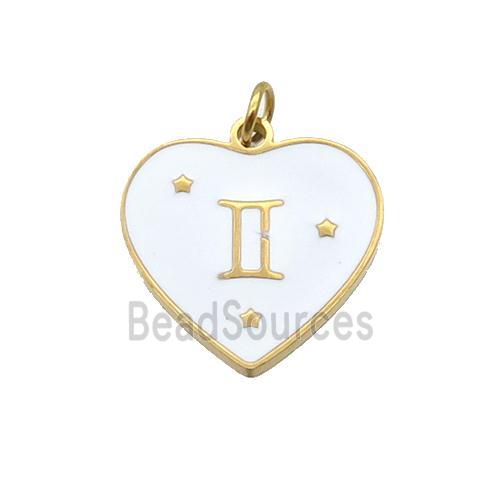 Stainless Steel Heart Pendant White Enamel Zodiac Gemini Gold Plated