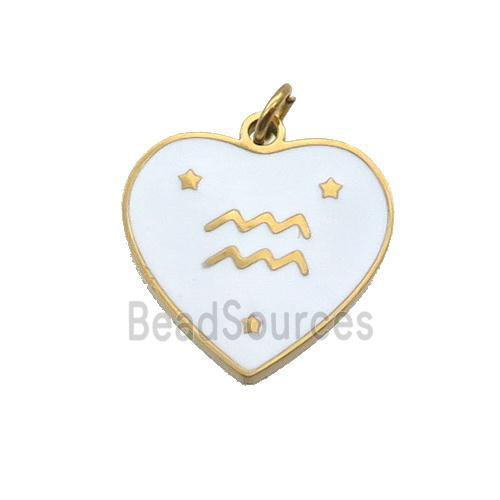 Stainless Steel Heart Pendant White Enamel Zodiac Aquarius Gold Plated