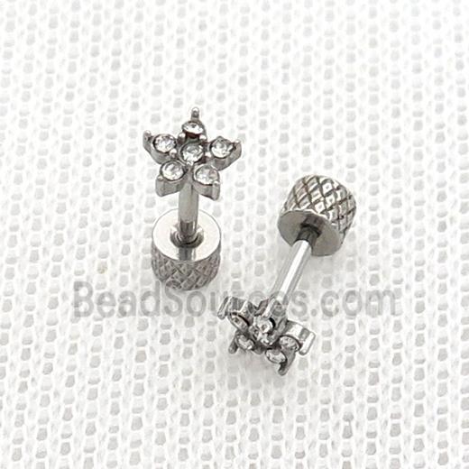 Raw Stainless Steel Stud Earrings Pave Rhinestone Flower