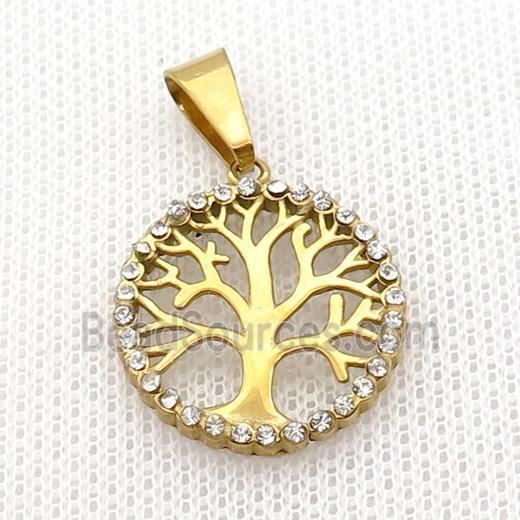 Stainless Steel Pendant Tree Of Life Pave Rhinestone Gold Plated