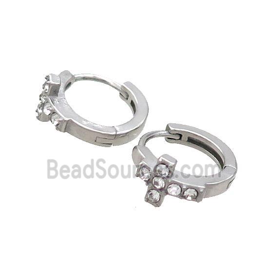 Raw Stainless Steel Hoop Earrings Pave Rhinestone Cross