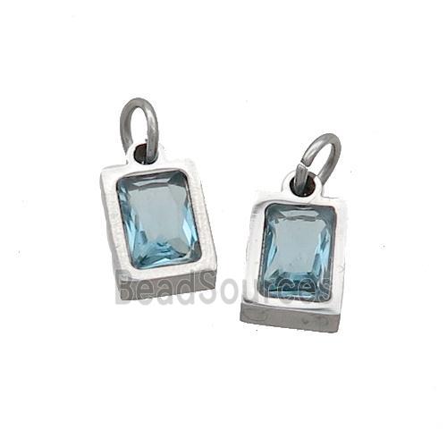 Raw Stainless Steel Pendant Pave Aqua Zircon Rectangle