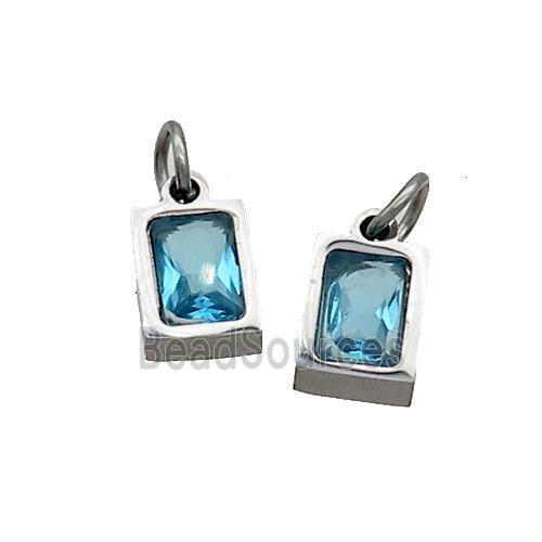 Raw Stainless Steel Pendant Pave Aqua Zircon Rectangle