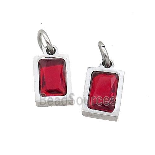 Raw Stainless Steel Pendant Pave Red Zircon Rectangle