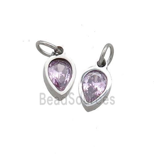 Raw Stainless Steel Teardrop Pendant Pave Pink Zircon