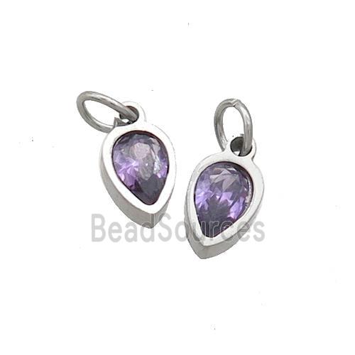 Raw Stainless Steel Teardrop Pendant Pave Purple Zircon