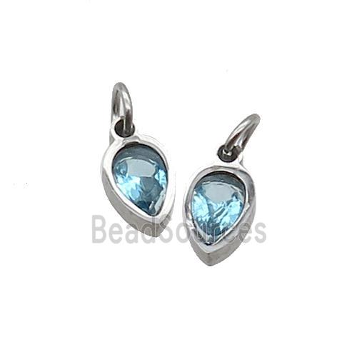 Raw Stainless Steel Teardrop Pendant Pave Aqua Zircon