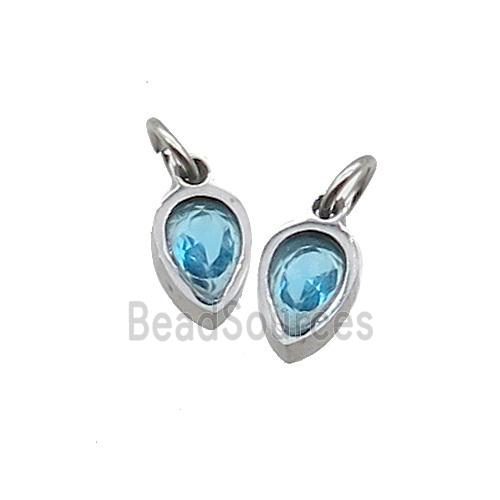 Raw Stainless Steel Teardrop Pendant Pave Aqua Zircon