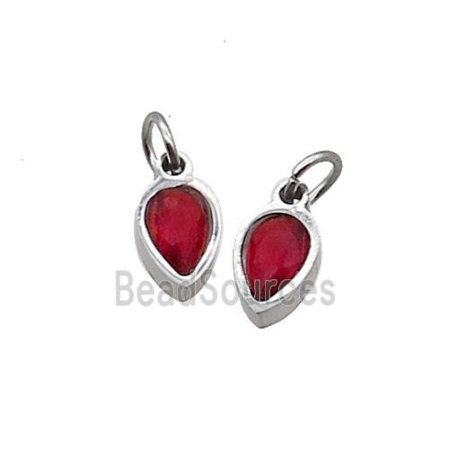 Raw Stainless Steel Teardrop Pendant Pave Red Zircon