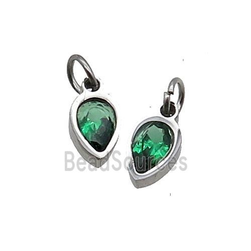 Raw Stainless Steel Teardrop Pendant Pave Green Zircon