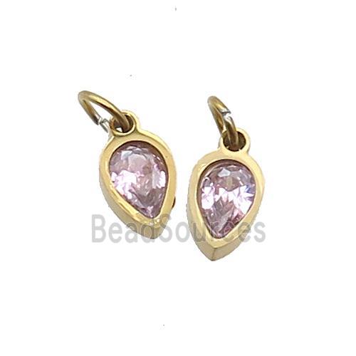 Stainless Steel Teardrop Pendant Pave Pink Zircon Gold Plated