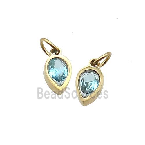 Stainless Steel Teardrop Pendant Pave Aqua Zircon Gold Plated