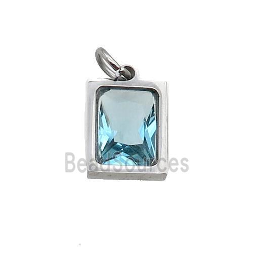 Raw Stainless Steel Rectangle Pendant Pave Aqua Zircon