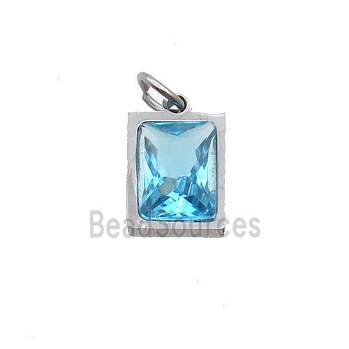 Raw Stainless Steel Rectangle Pendant Pave Aqua Zircon