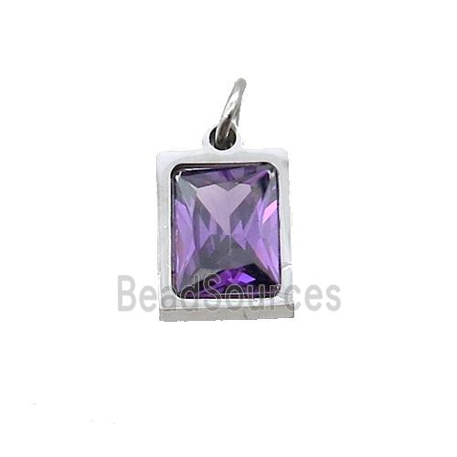 Raw Stainless Steel Rectangle Pendant Pave Purple Zircon