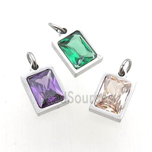 Raw Stainless Steel Rectangle Pendant Pave Zircon Mixed