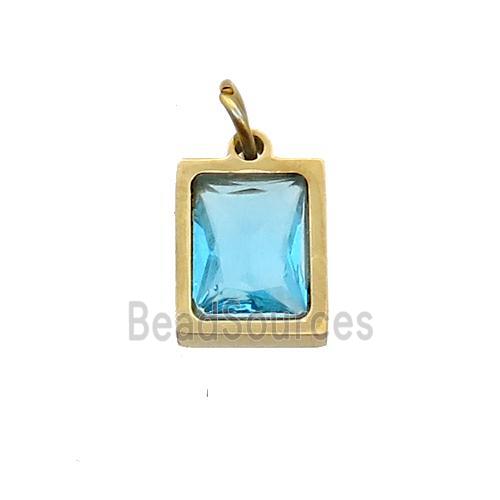 Stainless Steel Rectangle Pendant Pave Aqua Zircon Gold Plated