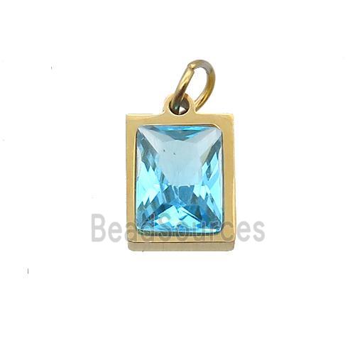 Stainless Steel Rectangle Pendant Pave Aqua Zircon Gold Plated