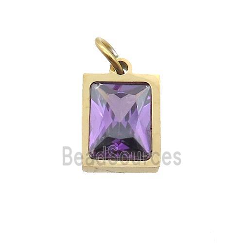 Stainless Steel Rectangle Pendant Pave Purple Zircon Gold Plated