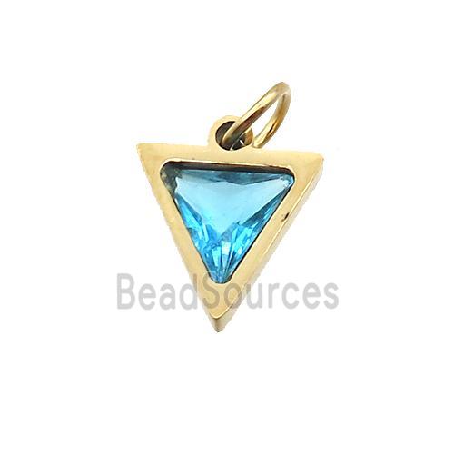 Stainless Steel Triangle Pendant Pave Aqua Zircon Gold Plated