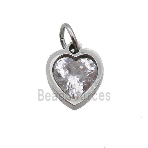 Raw Stainless Steel Heart Pendant Pave Clear Zircon