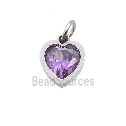 Raw Stainless Steel Heart Pendant Pave Purple Zircon