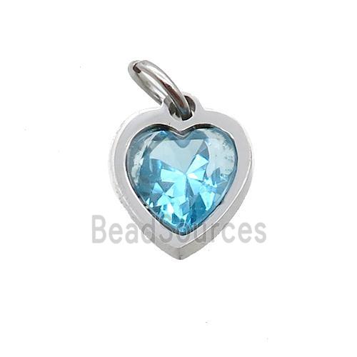 Raw Stainless Steel Heart Pendant Pave Aqua Zircon